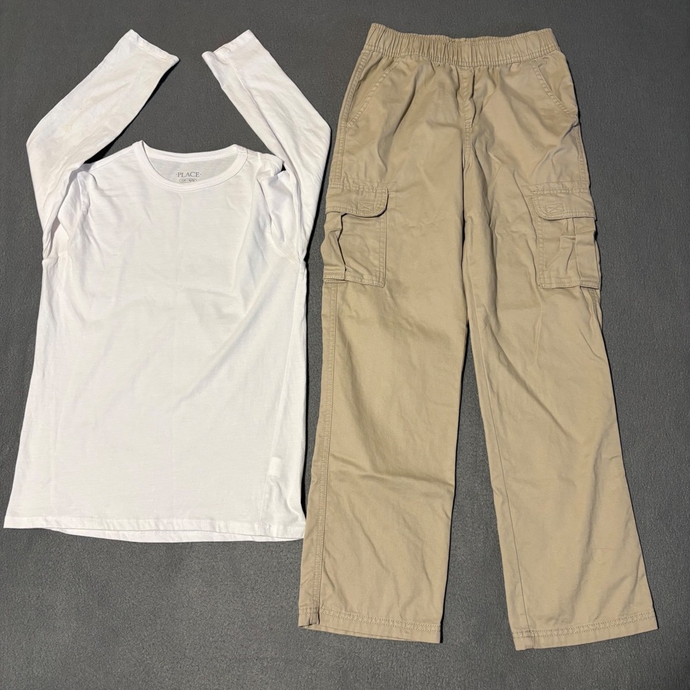 The Children's Place Outfit Set Boys 10/12 Khaki Cargo Pants White Long Slv Tee